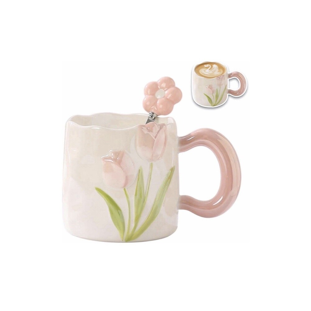 20oz Pink Ceramic Coffee Mug 3D Tulip Flower Spoon Gift for Women Latte Cup